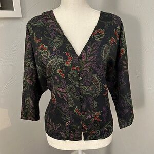 Jessica Simpson Women’s blouse dark green paisley button down 3/4 sleeves Size M